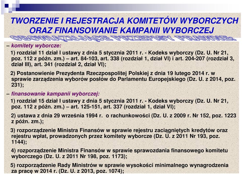 341 (rozdział 2, dział VI); 2) Postanowienie Prezydenta Rzeczpospolitej Polskiej z dnia 19 lutego 2014 r. w sprawie zarządzenia wyborów posłów do Parlamentu Europejskiego (Dz. U. z 2014, poz.