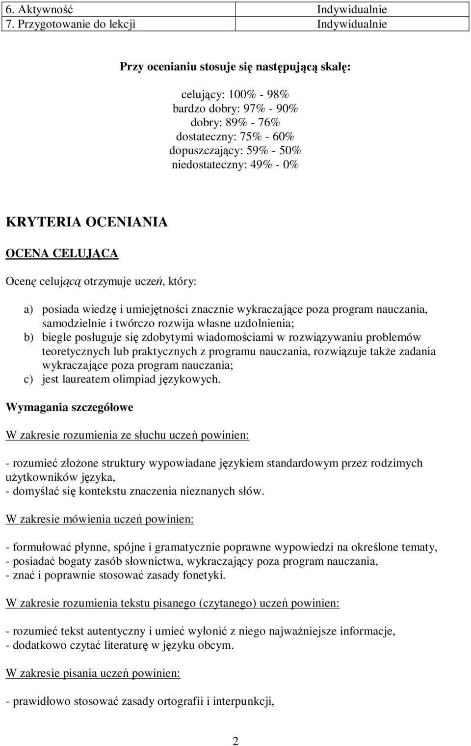 niedostateczny: 49% - 0% KRYTERIA OCENIANIA OCENA CELUJĄCA Ocenę celującą otrzymuje uczeń, który: a) posiada wiedzę i umiejętności znacznie wykraczające poza program nauczania, samodzielnie i twórczo
