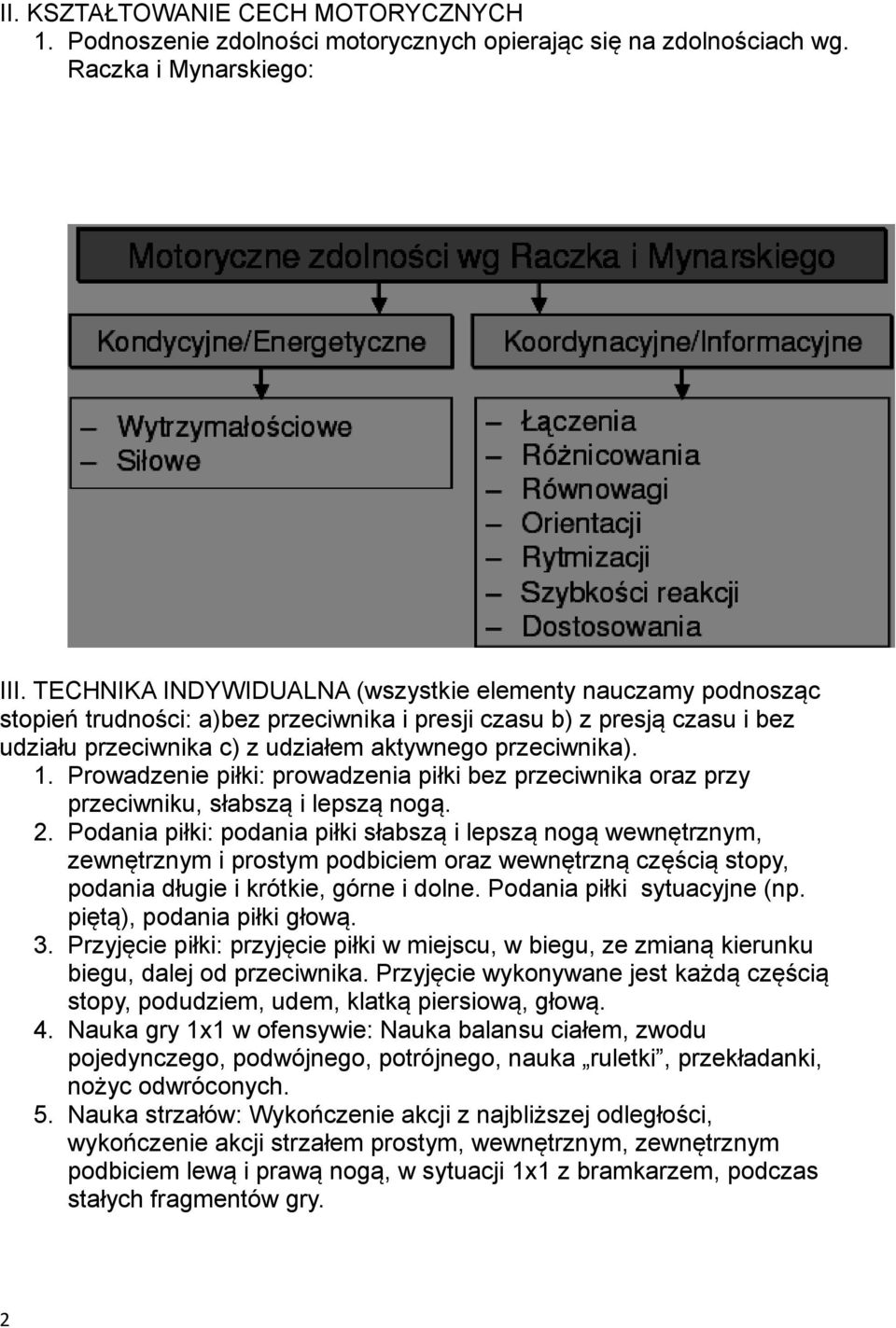 Prowadzenie piłki: prowadzenia piłki bez przeciwnika oraz przy przeciwniku, słabszą i lepszą nogą. 2.