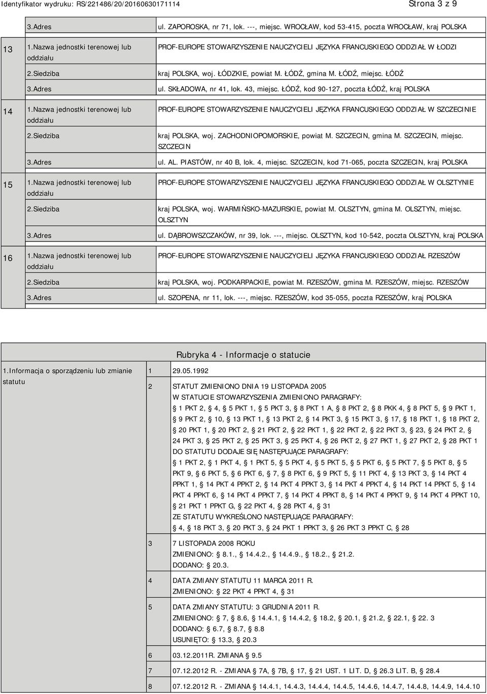 SKŁADOWA, nr 41, lok. 43, miejsc. ŁÓDŹ, kod 90-127, poczta ŁÓDŹ, kraj POLSKA PROF-EUROPE STOWARZYSZENIE NAUCZYCIELI JĘZYKA FRANCUSKIEGO ODDZIAŁ W SZCZECINIE kraj POLSKA, woj.