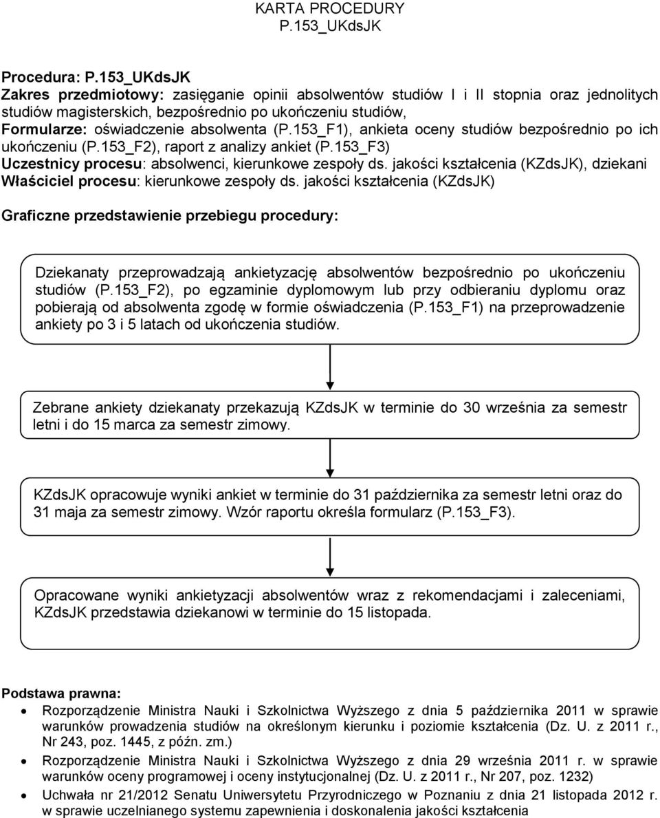 153_F1), ankieta oceny studiów bezpośrednio po ich ukończeniu (P.153_F2), raport z analizy ankiet (P.153_F3) Uczestnicy procesu: absolwenci, kierunkowe zespoły ds.