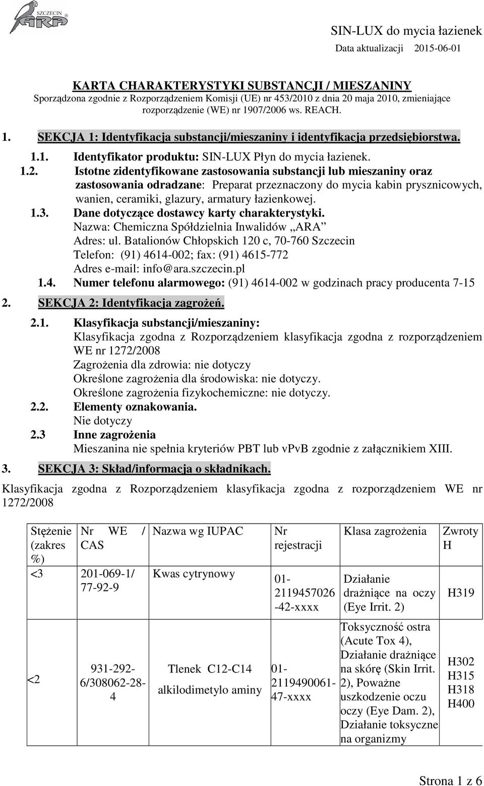 1.3. Dane dotyczące dostawcy karty charakterystyki. Nazwa: Chemiczna Spółdzielnia Inwalidów ARA Adres: ul.