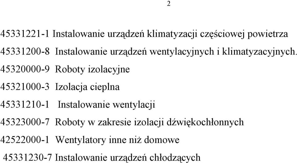 45320000-9 Roboty izolacyjne 45321000-3 Izolacja cieplna 45331210-1 Instalowanie wentylacji