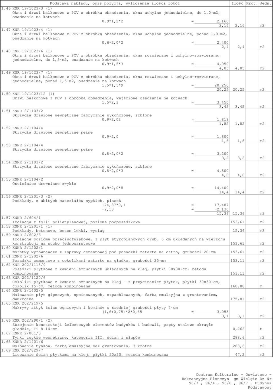 47 KNR 19/1023/4 (1) Okna i drzwi balkonowe z PCV z obróbką obsadzenia, okna uchylne jednodzielne, ponad 1,0 m2, osadzanie na kotwach 0,6*2,0*2 = 2,400 2,4 2,4 m2 1.