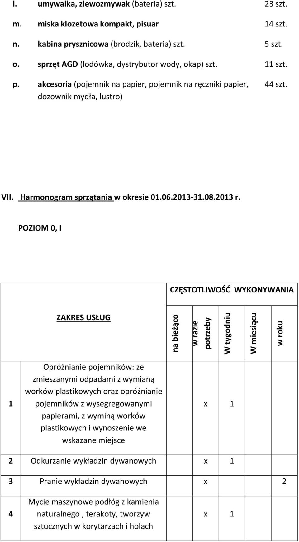 POZIOM 0, I CZĘSTOTLIWOŚĆ WYKONYWANIA ZAKRES USŁUG na bieżąco w razie potrzeby W tygodniu W miesiącu w roku 1 Opróżnianie pojemników: ze zmieszanymi odpadami z wymianą worków plastikowych oraz