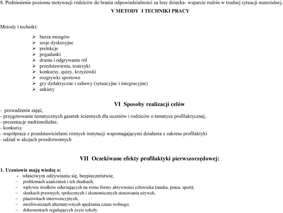 dydaktyczne i zabawy (sytuacyjne i integracyjne) ankiety VI Sposoby realizacji celów - prowadzenie zajęć, - przygotowanie tematycznych gazetek ściennych dla uczniów i rodziców o tematyce