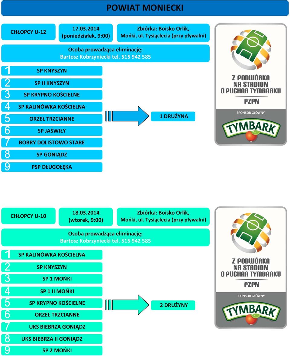 515 942 585 SP KALINÓWKA KOŚCIELNA ORZEŁ TRZCIANNE SP JAŚWIŁY BOBRY DOLISTOWO STARE SP GONIĄDZ PSP DŁUGOŁĘKA CHŁOPCY U-10 18.03.