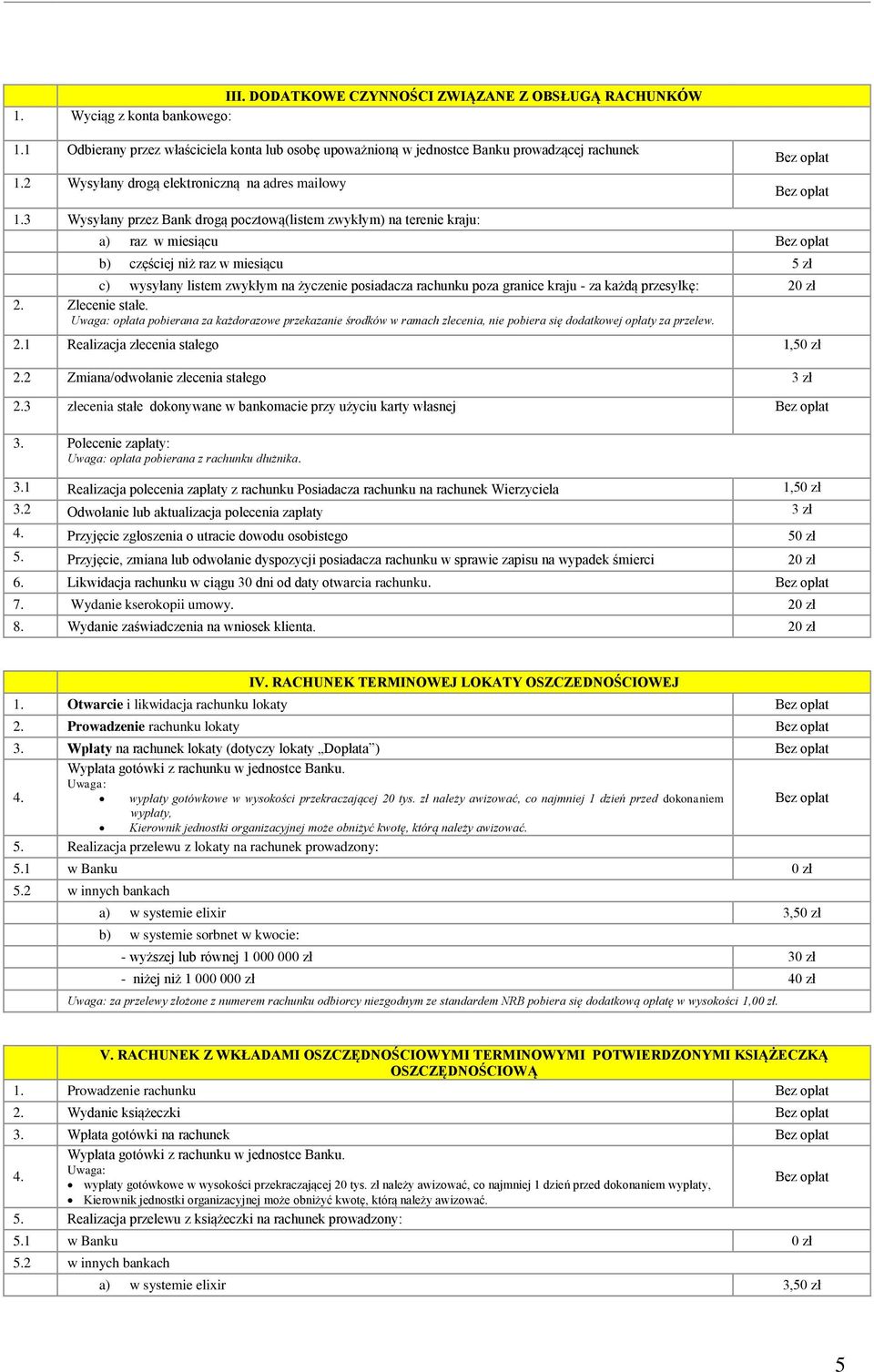 3 Wysyłany przez Bank drogą pocztową(listem zwykłym) na terenie kraju: a) raz w miesiącu b) częściej niż raz w miesiącu 5 zł c) wysyłany listem zwykłym na życzenie posiadacza rachunku poza granice