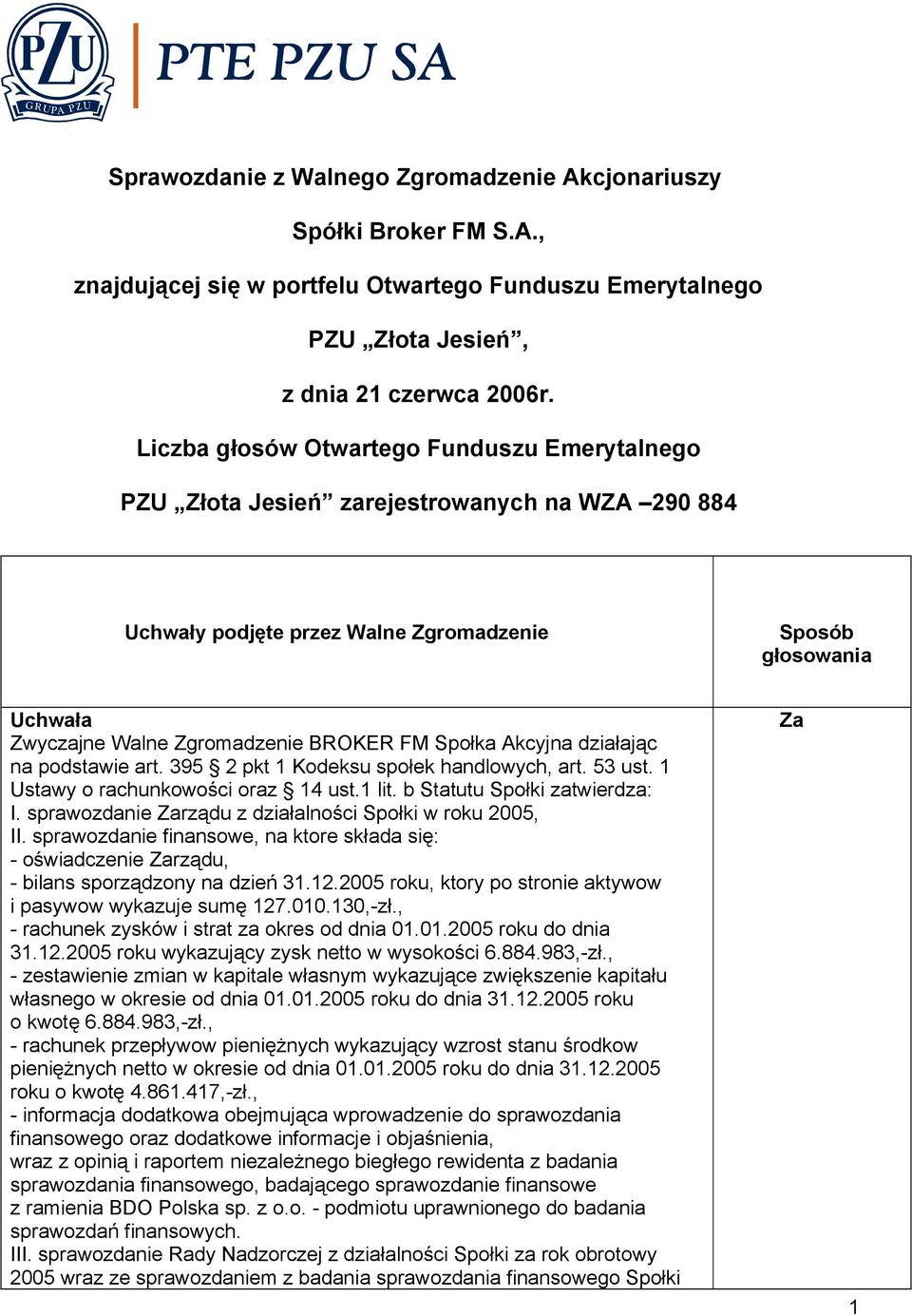 Akcyjna działając na podstawie art. 395 2 pkt 1 Kodeksu społek handlowych, art. 53 ust. 1 Ustawy o rachunkowości oraz 14 ust.1 lit. b Statutu Społki zatwierdza: I.