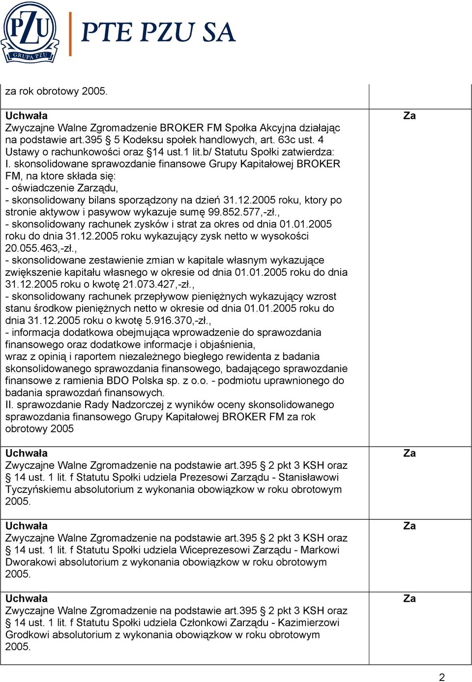 2005 roku, ktory po stronie aktywow i pasywow wykazuje sumę 99.852.577,-zł., - skonsolidowany rachunek zysków i strat za okres od dnia 01.01.2005 roku do dnia 31.12.
