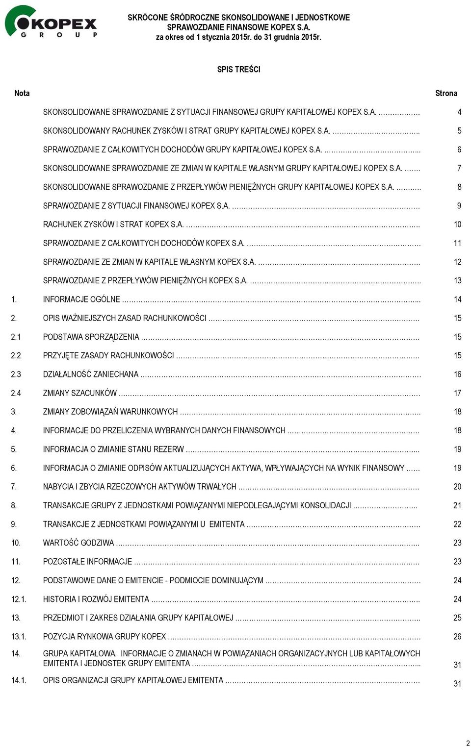 A. 9 RACHUNEK ZYSKÓW I STRAT KOPEX S.A... 10 SPRAWOZDANIE Z CAŁKOWITYCH DOCHODÓW KOPEX S.A. 11 SPRAWOZDANIE ZE ZMIAN W KAPITALE WŁASNYM KOPEX S.A.. 12 SPRAWOZDANIE Z PRZEPŁYWÓW PIENIĘŻNYCH KOPEX S.A... 13 1.