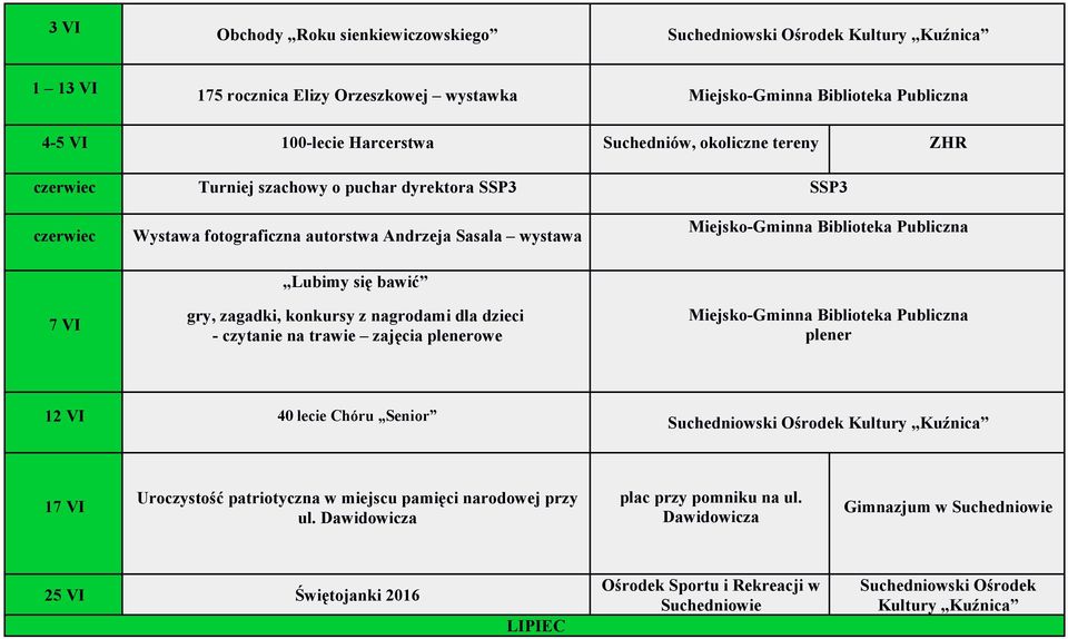 z nagrodami dla dzieci - czytanie na trawie zajęcia plenerowe plener 12 VI 40 lecie Chóru Senior 17 VI Uroczystość patriotyczna w miejscu pamięci narodowej