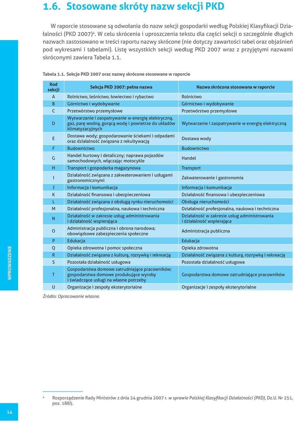 tabelami). Listę wszystkich sekcji według PKD 2007 wraz z przyjętymi nazwami skróconymi zawiera Tabela 1.