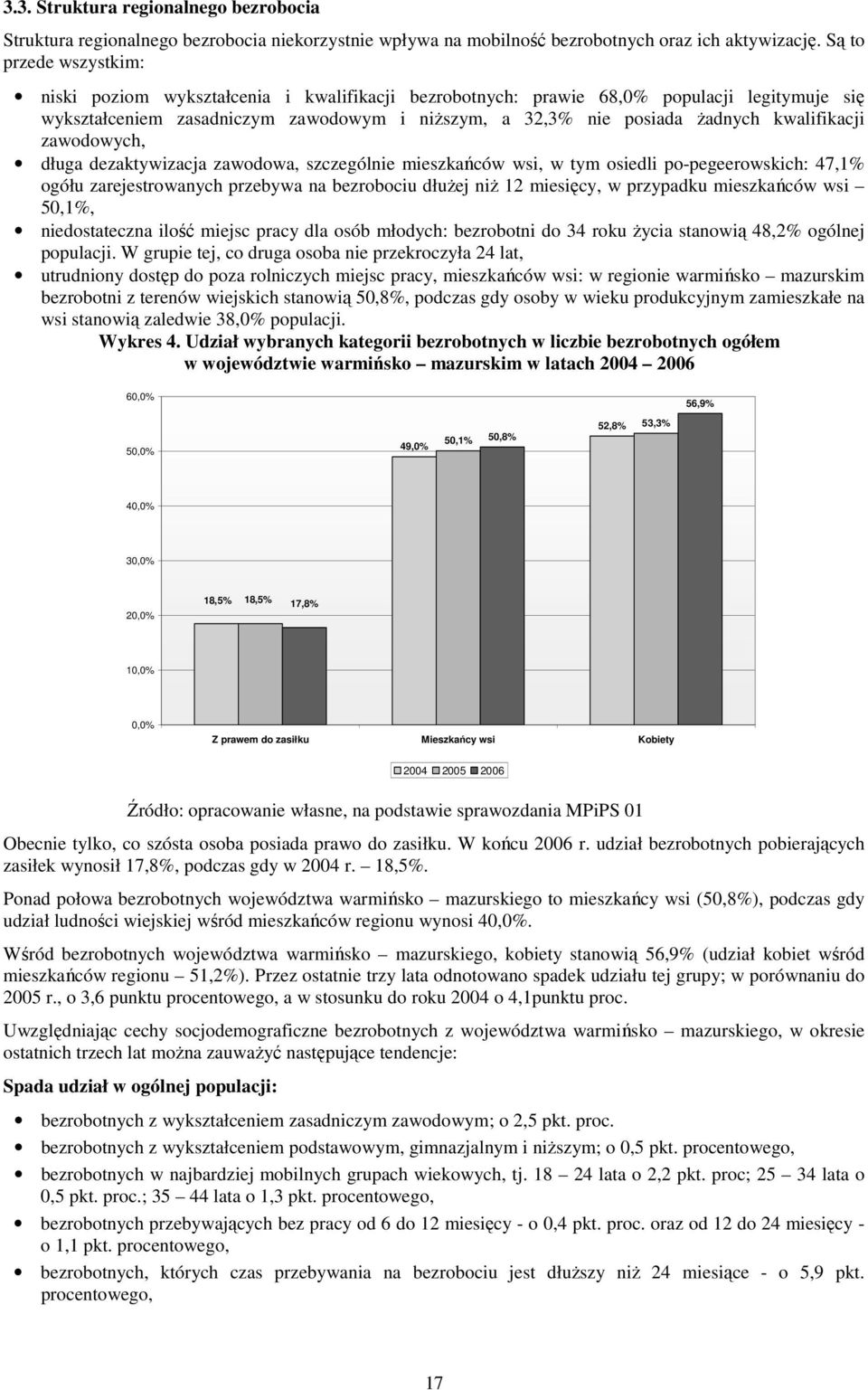 kwalifikacji zawodowych, długa dezaktywizacja zawodowa, szczególnie mieszkańców wsi, w tym osiedli po-pegeerowskich: 47,1% ogółu zarejestrowanych przebywa na bezrobociu dłuŝej niŝ 12 miesięcy, w