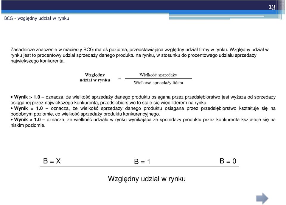 0 oznacza, że wielkość sprzedaży danego produktu osiągana przez przedsiębiorstwo jest wyższa od sprzedaży osiąganej przez największego konkurenta, przedsiębiorstwo to staje się więc liderem na rynku,