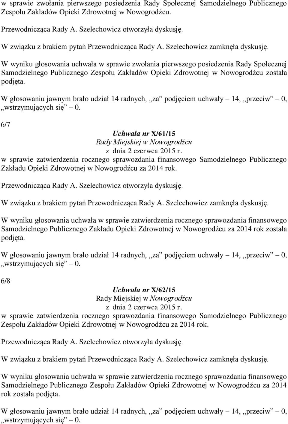 6/7 Uchwała nr X/61/15 w sprawie zatwierdzenia rocznego sprawozdania finansowego Samodzielnego Publicznego Zakładu Opieki Zdrowotnej w Nowogrodźcu za 2014 rok.