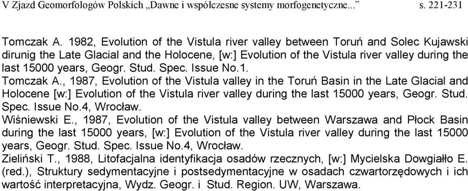Stud. Spec. Issue No.1. , 1987, Evolution of the Vistula valley in the Toruń Basin in the Late Glacial and Holocene [w:] Evolution of the Vistula river valley during the last 15000 years, Geogr. Stud.