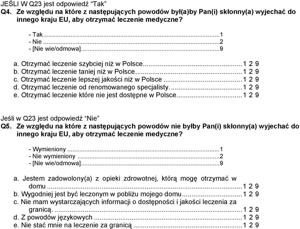 Otrzymać leczenie od renomowanego specjalisty...1 2 9 e. Otrzymać leczenie które nie jest dostępne w Polsce...1 2 9 Jeśli w Q23 jest odpowiedź Nie Q5.