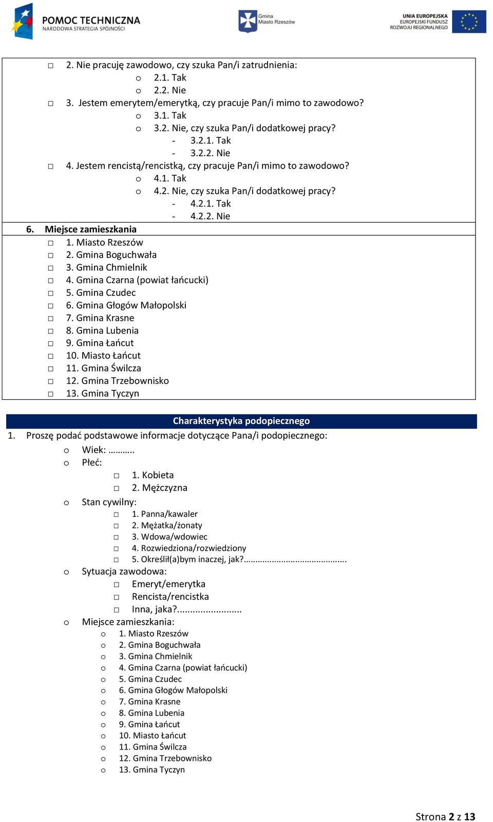 Miejsce zamieszkania 1. Miasto Rzeszów 2. Gmina Boguchwała 3. Gmina Chmielnik 4. Gmina Czarna (powiat łańcucki) 5. Gmina Czudec 6. Gmina Głogów Małopolski 7. Gmina Krasne 8. Gmina Lubenia 9.