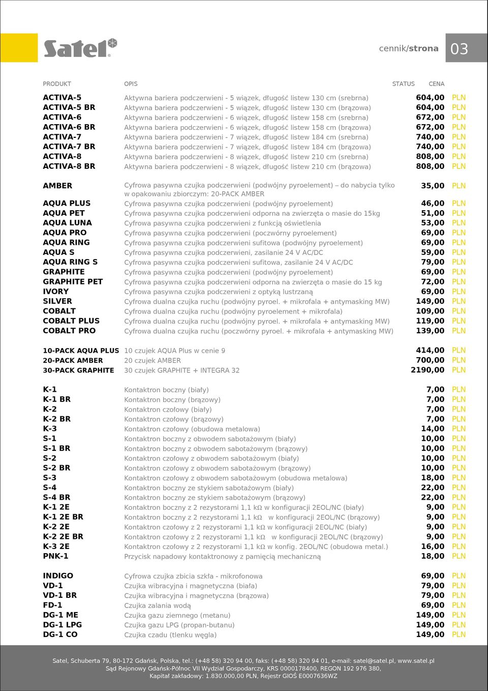 ACTIVA-7 Aktywna bariera podczerwieni - 7 wiązek, długość listew 184 cm (srebrna) 740,00 PLN ACTIVA-7 BR Aktywna bariera podczerwieni - 7 wiązek, długość listew 184 cm (brązowa) 740,00 PLN ACTIVA-8