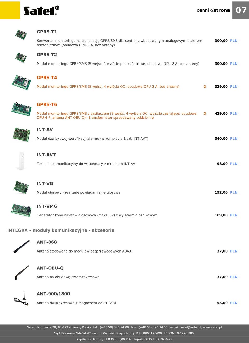 monitoringu GPRS/SMS z zasilaczem (8 wejść, 4 wyjścia OC, wyjście zasilające; obudowa OPU-4 P, antena ANT-OBU-Q) - transformator sprzedawany oddzielnie INT-AV Moduł dźwiękowej weryfikacji alarmu (w