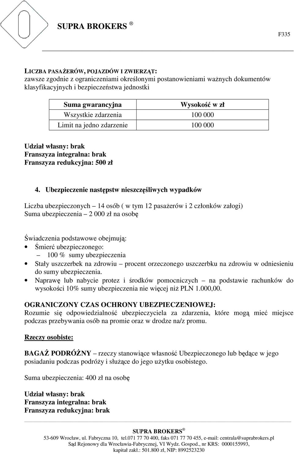 Ubezpieczenie następstw nieszczęśliwych wypadków Liczba ubezpieczonych 14 osób ( w tym 12 pasażerów i 2 członków załogi) Suma ubezpieczenia 2 000 zł na osobę Świadczenia podstawowe obejmują: Śmierć
