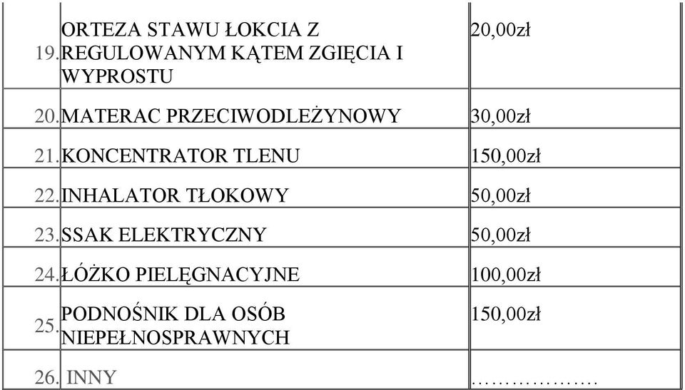 MATERAC PRZECIWODLEŻYNOWY 30,00zł 21. KONCENTRATOR TLENU 150,00zł 22.