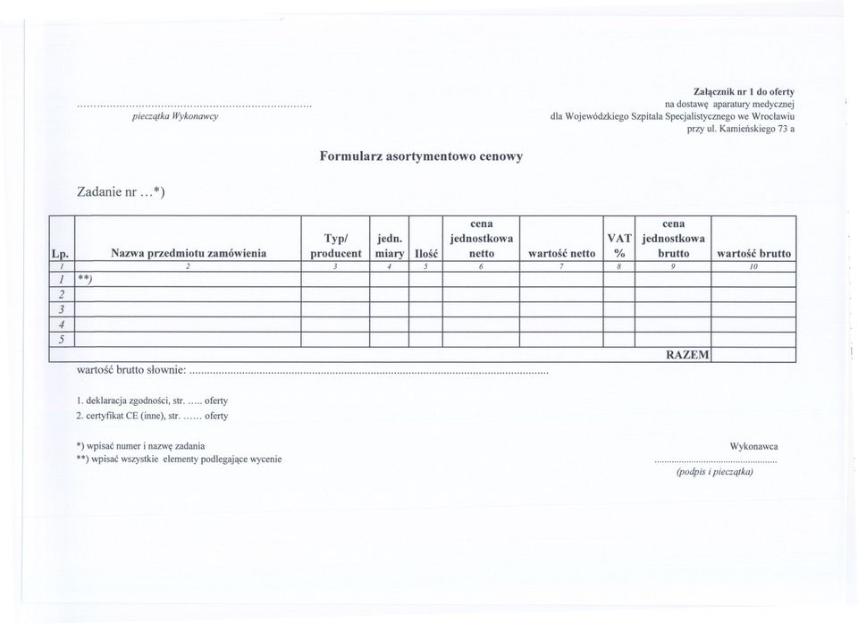 Nazwa przedmiotu zamówienia producent miary Ilosc netto wartosc netto % brutto wartosc brutto J 2 3 4 5 6 7 8 9 lo 1 **) 2 3 4 5 RAZEM wartosc brutto