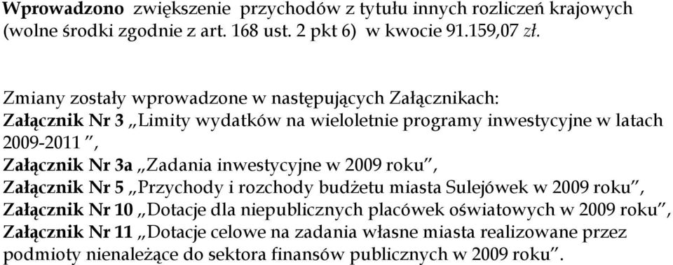 Nr 3a Zadania inwestycyjne w 2009 roku, Załącznik Nr 5 Przychody i rozchody budŝetu miasta Sulejówek w 2009 roku, Załącznik Nr 10 Dotacje dla niepublicznych