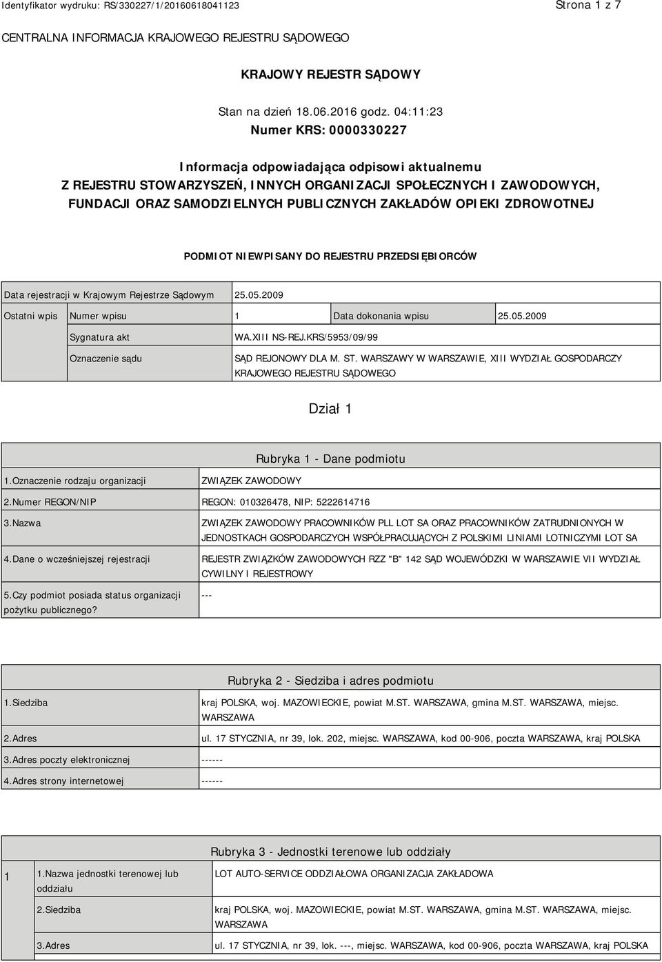 OPIEKI ZDROWOTNEJ PODMIOT NIEWPISANY DO REJESTRU PRZEDSIĘBIORCÓW Data rejestracji w Krajowym Rejestrze Sądowym 25.05.2009 Ostatni wpis Numer wpisu 1 Data dokonania wpisu 25.05.2009 Sygnatura akt Oznaczenie sądu WA.