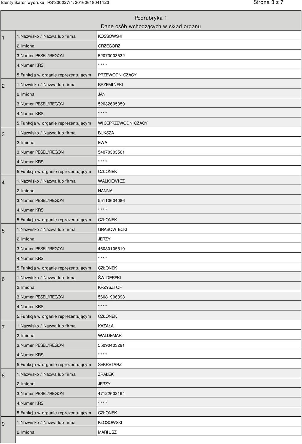 Nazwisko / Nazwa lub firma WALKIEWICZ HANNA 3.Numer PESEL/REGON 55110604086 5 1.Nazwisko / Nazwa lub firma GRABOWIECKI JERZY 3.Numer PESEL/REGON 46080105510 6 1.