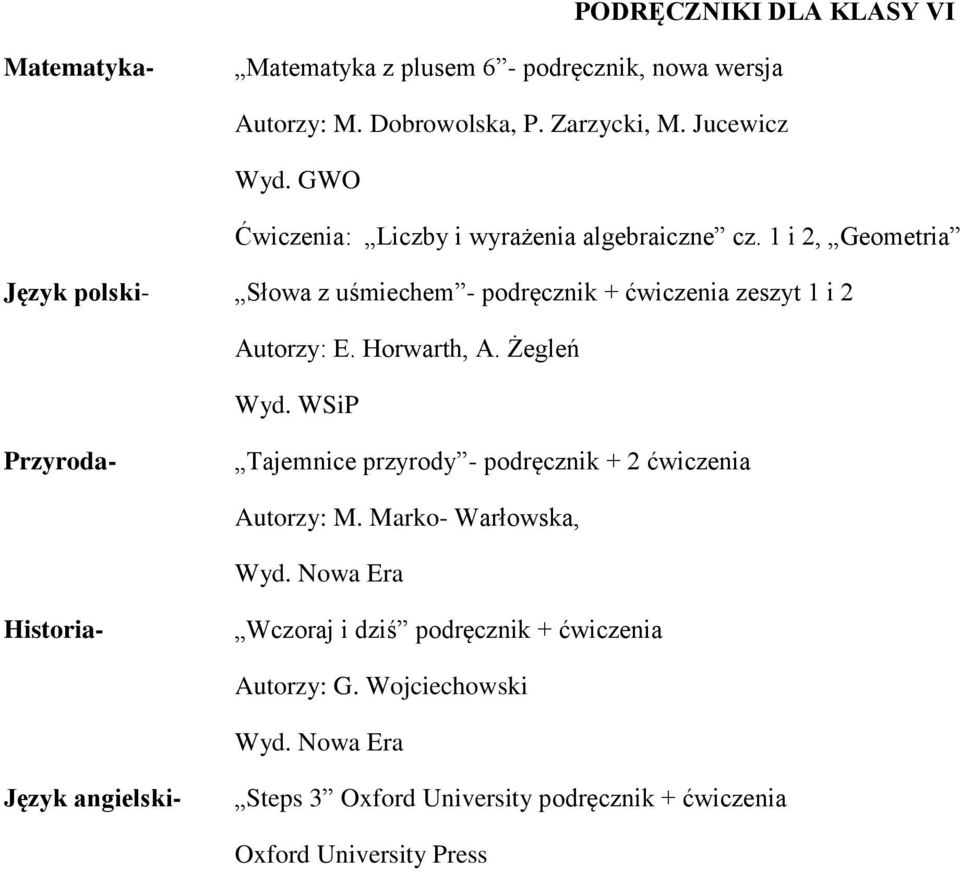 1 i 2, Geometria Język polski- Słowa z uśmiechem - podręcznik + ćwiczenia zeszyt 1 i 2 Autorzy: E. Horwarth, A. Żegleń Wyd.