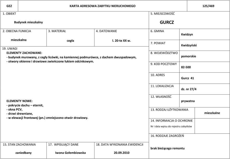 KOD POCZTOWY 10. ADRES 11. LOKALIZACJA Kwidzyn Kwidzyński pomorskie 82-500 Gurcz 41 dz. nr 27/4 ELEMENTY NOWE: - pokrycie dachu eternit, - okna PCV, - drzwi drewniane, - w elewacji frontowej (pn.