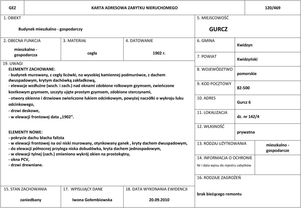 2 r. 19. UWAGI ELEMENTY ZACHOWANE: - budynek murowany, z cegły licówki, na wysokiej kamiennej podmurówce, z dachem dwuspadowym, krytym dachówką zakładkową, - elewacje wzdłużne (wsch. i zach.