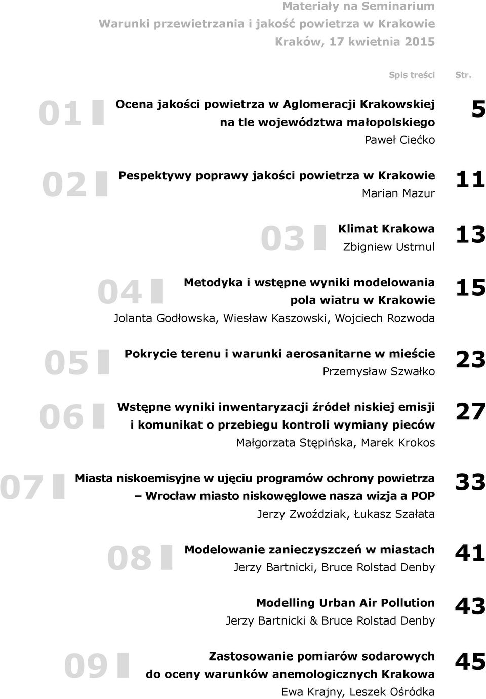 Godłowska, Wiesław Kaszowski, Wojciech Rozwoda Pokrycie terenu i warunki aerosanitarne w mieście Przemysław Szwałko Wstępne wyniki inwentaryzacji źródeł niskiej emisji i komunikat o przebiegu