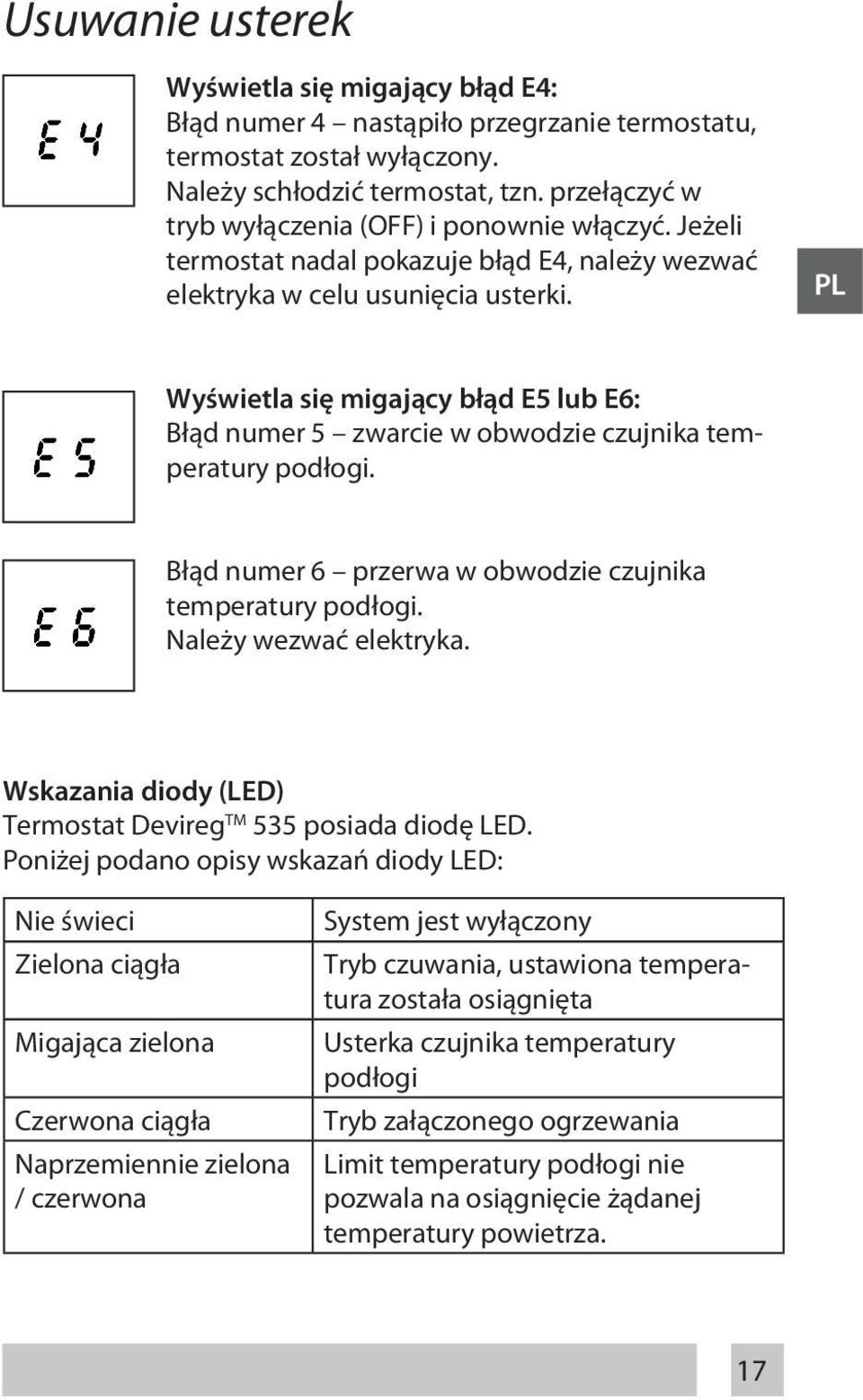 PL Wyświetla się migający błąd E5 lub E6: Błąd numer 5 zwarcie w obwodzie czujnika temperatury podłogi. Błąd numer 6 przerwa w obwodzie czujnika temperatury podłogi. Należy wezwać elektryka.