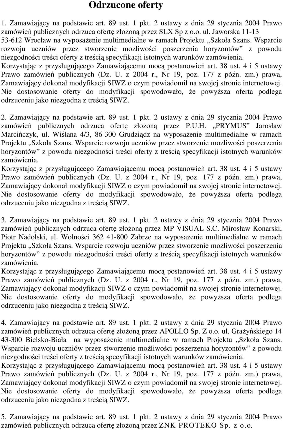 Wsparcie rozwoju uczniów przez stworzenie możliwości poszerzenia horyzontów z powodu niezgodności treści oferty z treścią specyfikacji istotnych warunków 2. Zamawiający na podstawie art. 89 ust.