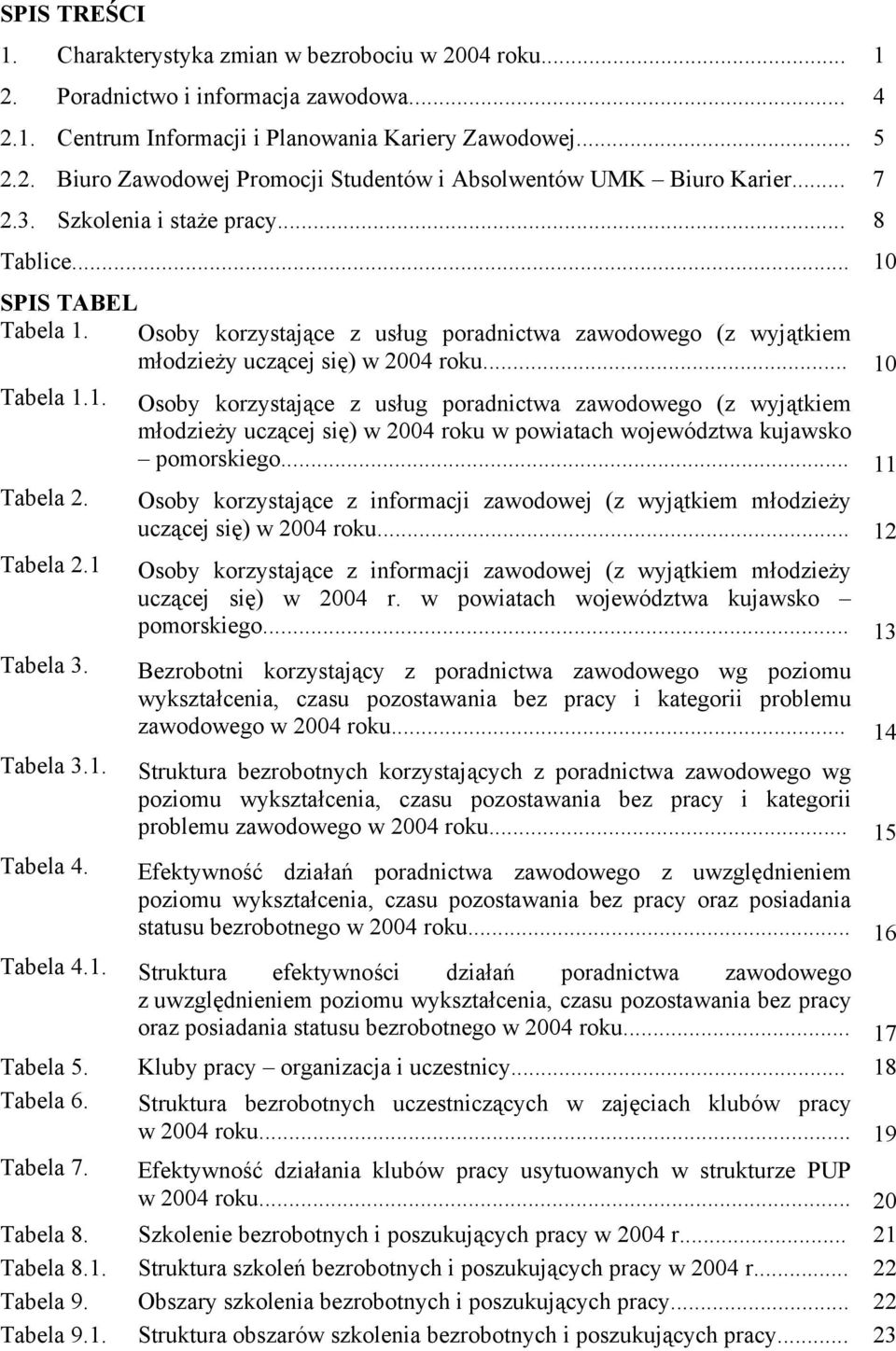 .. 11 Tabela 2. Tabela 2.1 Tabela 3. Tabela 3.1. Tabela 4. Osoby korzystające z informacji zawodowej (z wyjątkiem młodzieży uczącej się) w 2004 roku.