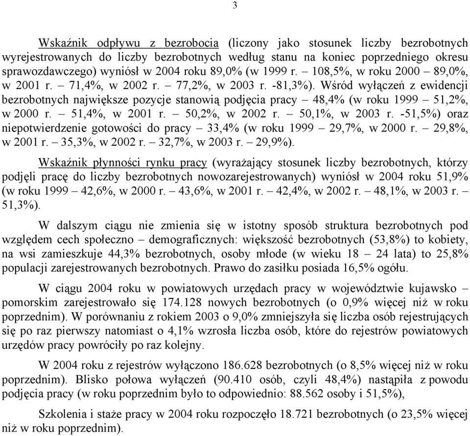 Wśród wyłączeń z ewidencji bezrobotnych największe pozycje stanowią podjęcia pracy 48,4% (w roku 1999 51,2%, w 2000 r. 51,4%, w 2001 r. 50,2%, w 2002 r. 50,1%, w 2003 r.