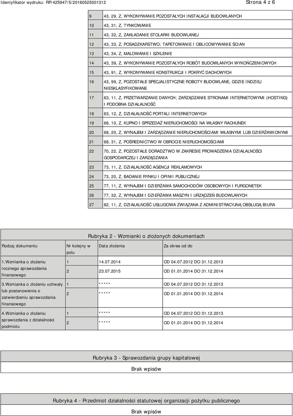 SPECJALISTYCZNE ROBOTY BUDOWLANE, GDZIE INDZIEJ NIESKLASYFIKOWANE 17 63, 11, Z, PRZETWARZANIE DANYCH; ZARZĄDZANIE STRONAMI INTERNETOWYMI (HOSTING) I PODOBNA DZIAŁALNOŚĆ 18 63, 12, Z, DZIAŁALNOŚĆ