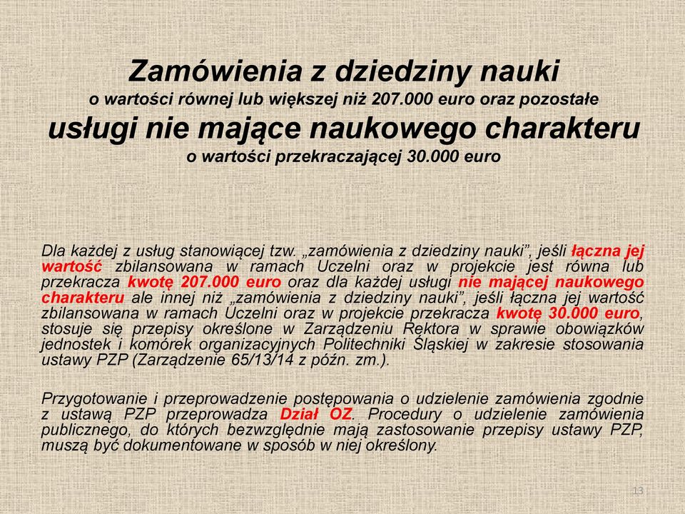 000 euro oraz dla każdej usługi nie mającej naukowego charakteru ale innej niż zamówienia z dziedziny nauki, jeśli łączna jej wartość zbilansowana w ramach Uczelni oraz w projekcie przekracza kwotę