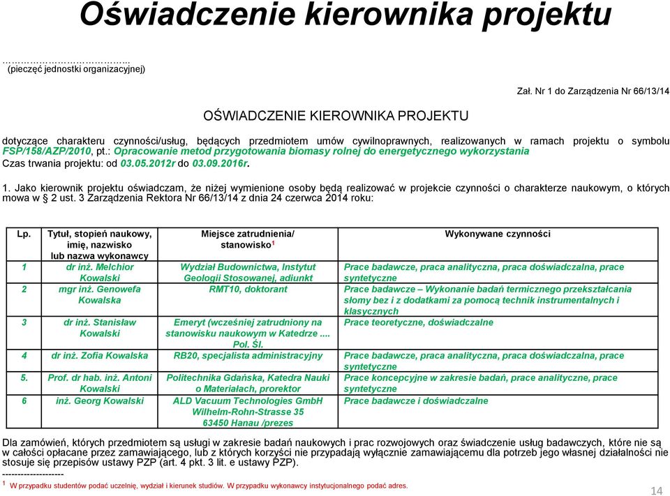 : Opracowanie metod przygotowania biomasy rolnej do energetycznego wykorzystania Czas trwania projektu: od 03.05.2012r do 03.09.2016r. 1.