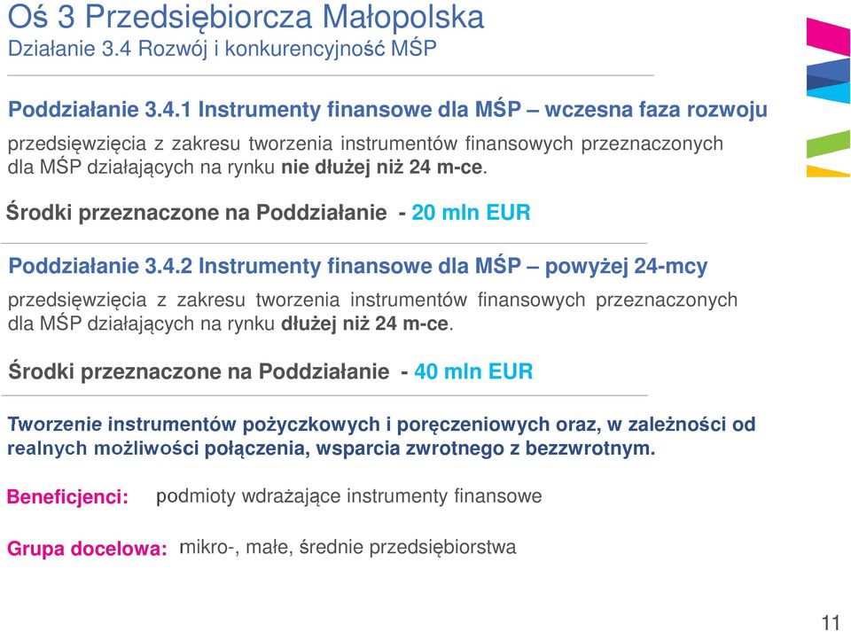 1 Instrumenty finansowe dla MŚP wczesna faza rozwoju przedsięwzięcia z zakresu tworzenia instrumentów finansowych przeznaczonych dla MŚP działających na rynku nie dłużej niż 24 m-ce.