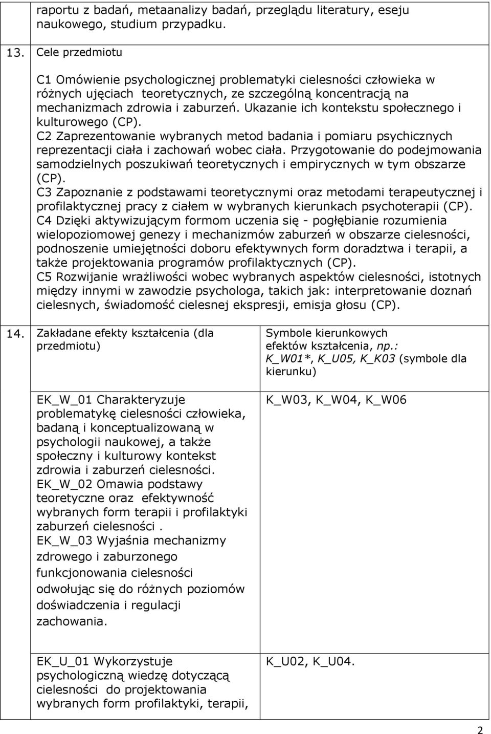 Ukazanie ich kontekstu społecznego i kulturowego (CP). C2 Zaprezentowanie wybranych metod badania i pomiaru psychicznych reprezentacji ciała i zachowań wobec ciała.