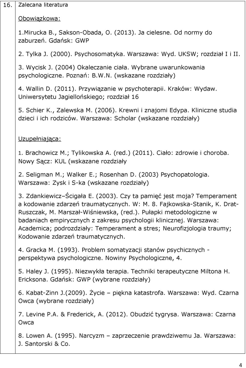 Uniwersytetu Jagiellońskiego; rozdział 16 5. Schier K., Zalewska M. (2006). Krewni i znajomi Edypa. Kliniczne studia dzieci i ich rodziców. Warszawa: Scholar (wskazane rozdziały) Uzupełniająca: 1.