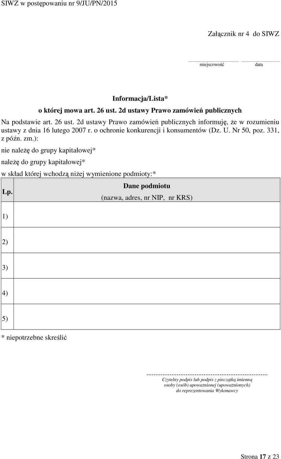 o ochronie konkurencji i konsumentów (Dz. U. Nr 50, poz. 331, z późn. zm.