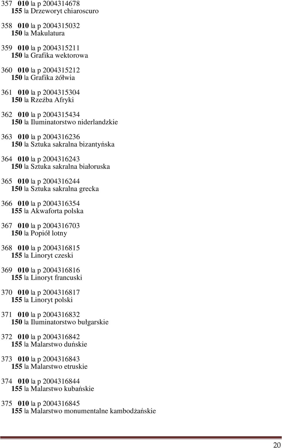 białoruska 365 010 a p 2004316244 150 a Sztuka sakralna grecka 366 010 a p 2004316354 155 a Akwaforta polska 367 010 a p 2004316703 150 a Popiół lotny 368 010 a p 2004316815 155 a Linoryt czeski 369