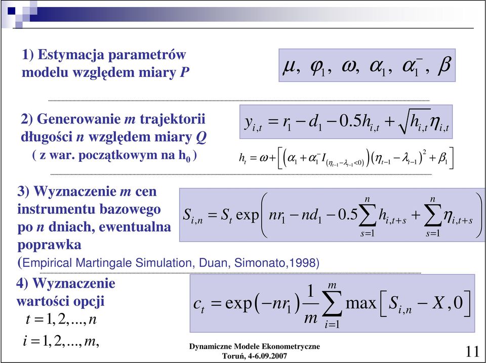 5h + h η i, i, i, i, ( )( ) h = ω + α + α I ( η λ ) η λ + β < 3) Wyznaczenie m cen insrumenu bazowego po n dniach,