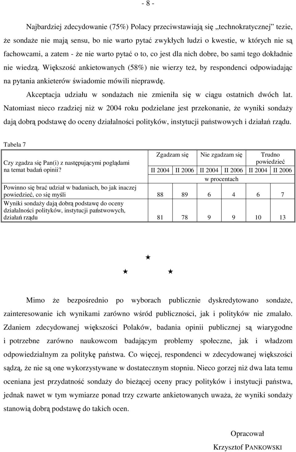 Większość ankietowanych (58%) nie wierzy też, by respondenci odpowiadając na pytania ankieterów świadomie mówili nieprawdę. Akceptacja udziału w sondażach nie zmieniła się w ciągu ostatnich dwóch lat.