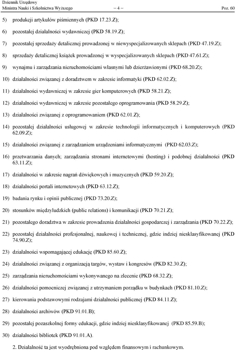 Z); 9) wynajmu i zarządzania nieruchomościami własnymi lub dzierżawionymi (PKD 68.20.Z); 10) działalności związanej z doradztwem w zakresie informatyki (PKD 62.02.